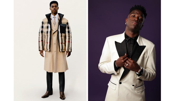 Marcus Rashford en una campaña de Burberry; Vinicius Jr con esmoquin de Dolce & Gabbana